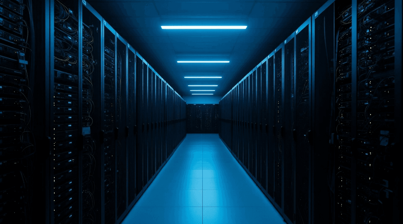 Eilax™ data center with rows of illuminated server racks