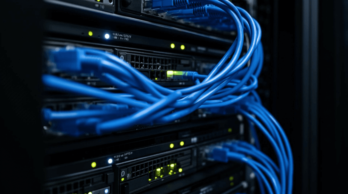 Close-up of server rack hardware with blinking status LEDs